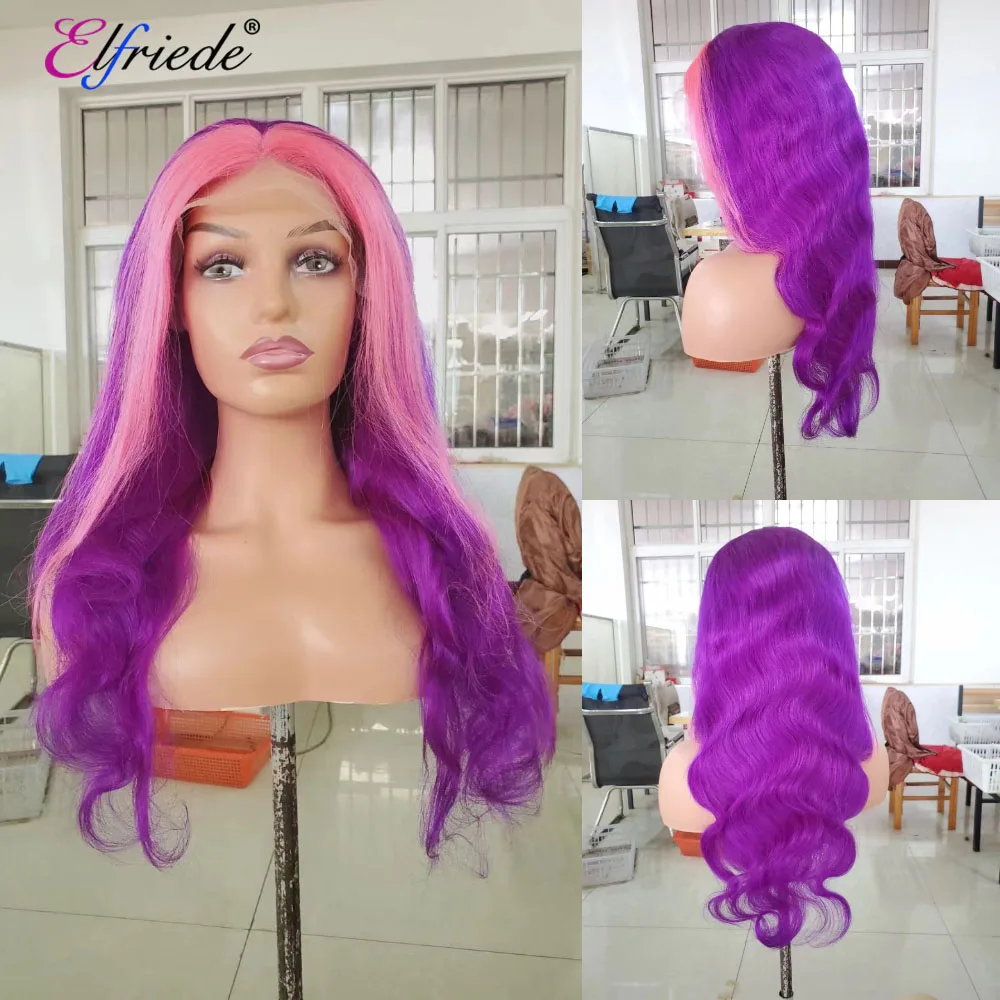 

Elfriede Body Wave Purple Pink Skunk Stripe Wigs for Women Wig 4x4 13X4 13X6 HD Lace Frontal Wig 100% Remy Human Hair Wigs