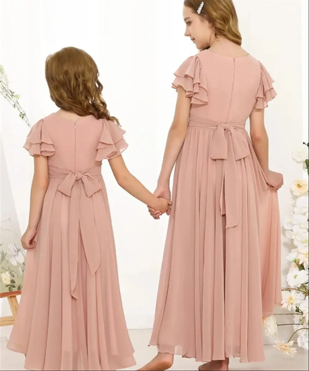 Elegant Flower Girl Wedding Dress Pleated Sleeve with Bow Belt Princess Birthday Party Event Dress Bridesmaid Host Gown