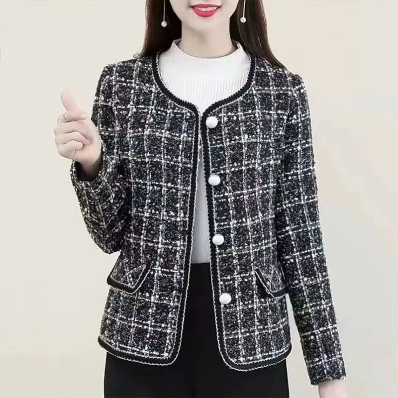 

Zagros Women 2025 Spring Mom Style Tweed Houndstooth Cardigan, Loose Cropped Round Neck Elegant Short Jacket
