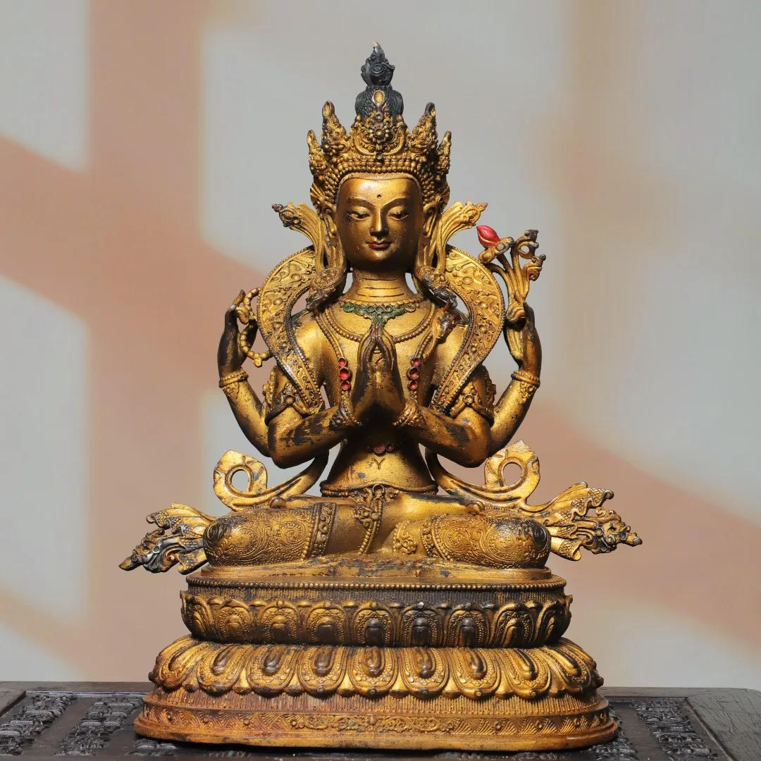 Old Bronze Gilded High Relief Cinnabar Four armed Guanyin Sitting Buddha Lotus Terrace Amitabha Buddha Worship Hall Town house