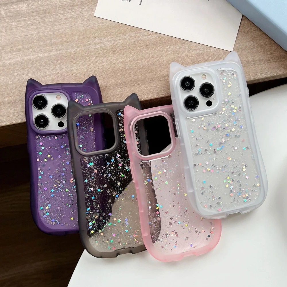 

Cute Cat Ear Case for iPhone 17 16 Pro Max 15 Promax 14 13 12, Transparent Shockproof Cover