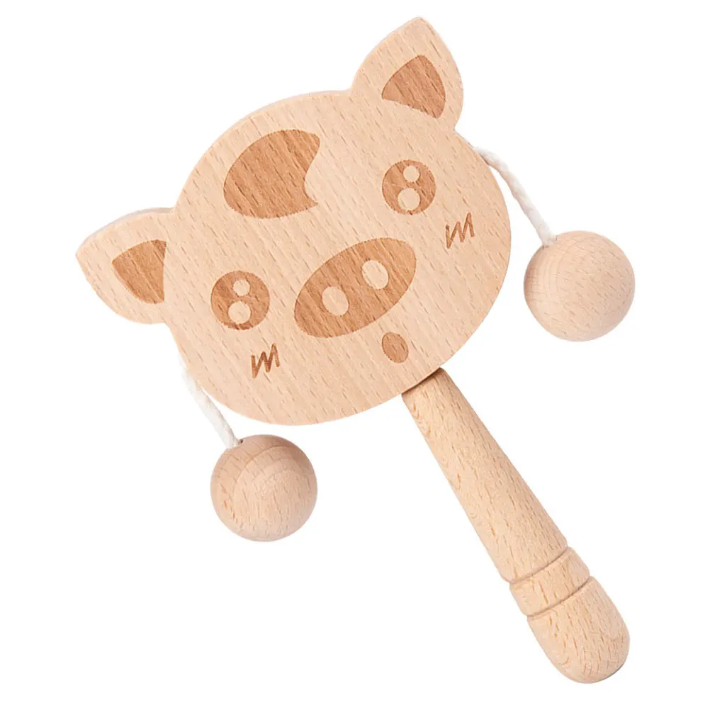 1개 돼지 모양 나무 딸랑이 드럼 유아용 손벨 악기 조기 교육용 나무 딸랑이