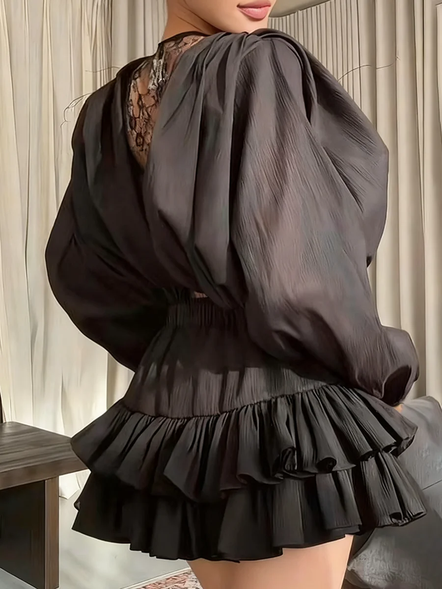 TWOTWINSTYLE Solid Sheer Spliced Lace Elegant Dresses for Women V Neck Long Sleeves Tunic Patchwork Ruffles Folds Dress Female