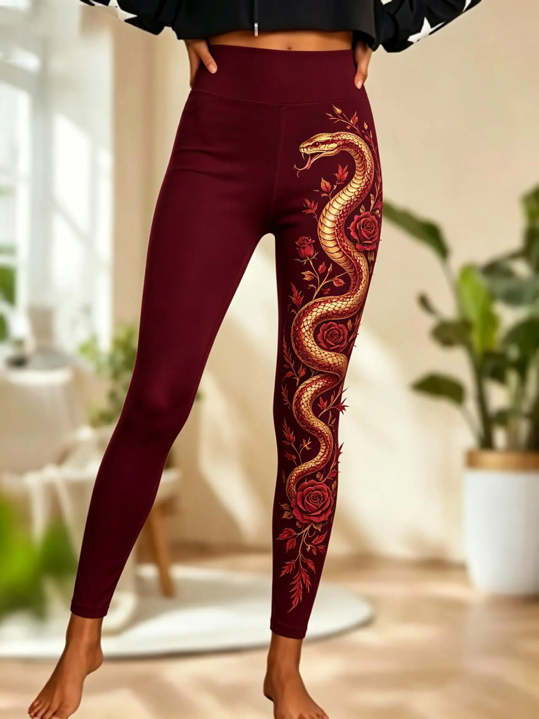 Leggings de cintura media para mujer, forrados de forro polar, con estampado lateral de tatuaje de cobra dorada, serpiente, rosa roja y enredadera floral, ajustados, elásticos, pantalones casuales de invierno.