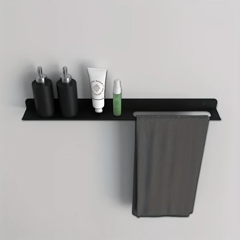 

1 шт. Металлическая современная настенная полка для ванной комнаты с держателем для полотенец - прочная железная полка для экономии пространства, многофункциональная полка для хранения.