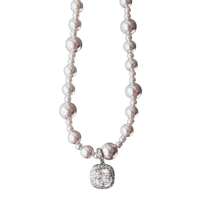 

Blush Pink Pearl Necklace Square CZ Pendant 316L Stainless Steel Hypoallergenic Tarnish Free Choker Women Jewelry MURMUR