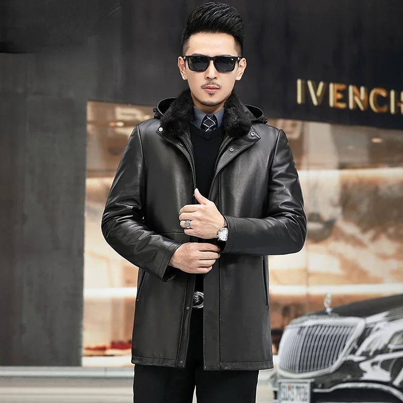 Quality 100% Pure Sheepskin Coat Men's Winter Jackets Male Genuine Leather Real Rabbit Fur Coat Down Jacket Men Warm Hooded Top