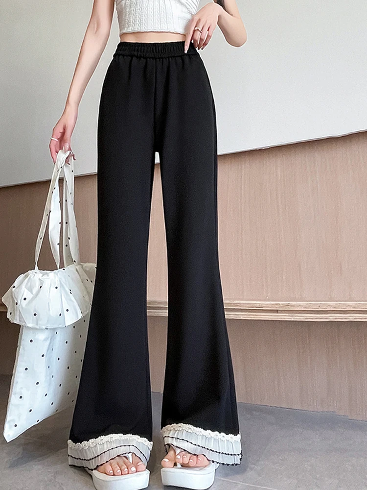 

Женские широкие брюки-клеш с кружевной отделкой, летние тонкие брюки с высокой талией, утягивающие драпированные универсальные прямые брюки для костюма