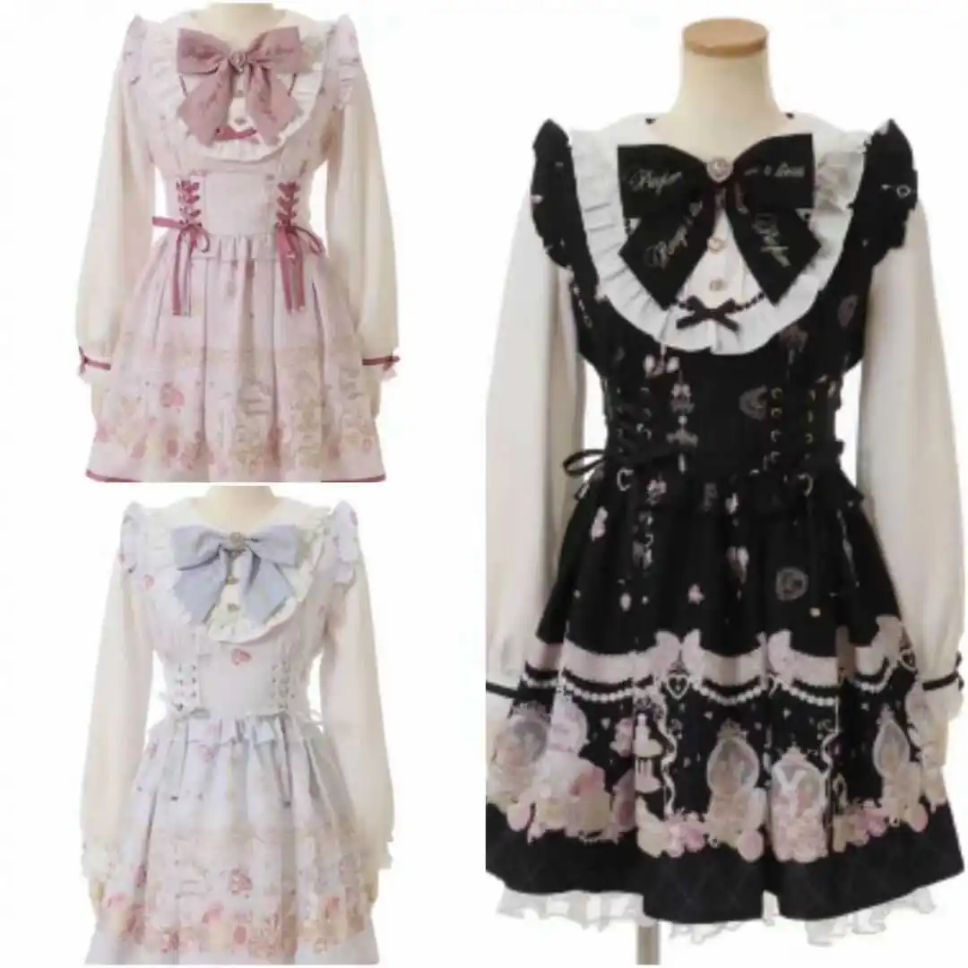 Japanese Mine Style Mass-produced Sweet Cute Doll Collar Bow Long Sleeve Printed Lace-up High Waist Slim Fit Lolita Dress Women