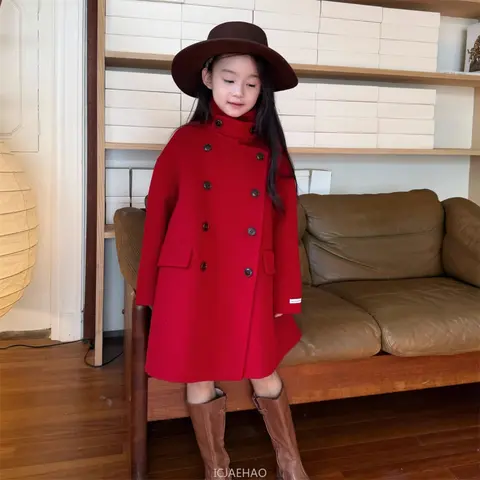 십대 소녀 의류 2024 어린이 빈티지 울 양면 소녀 레드 코트 수제 더블 브레스티드 우아한 아동 외투 의상