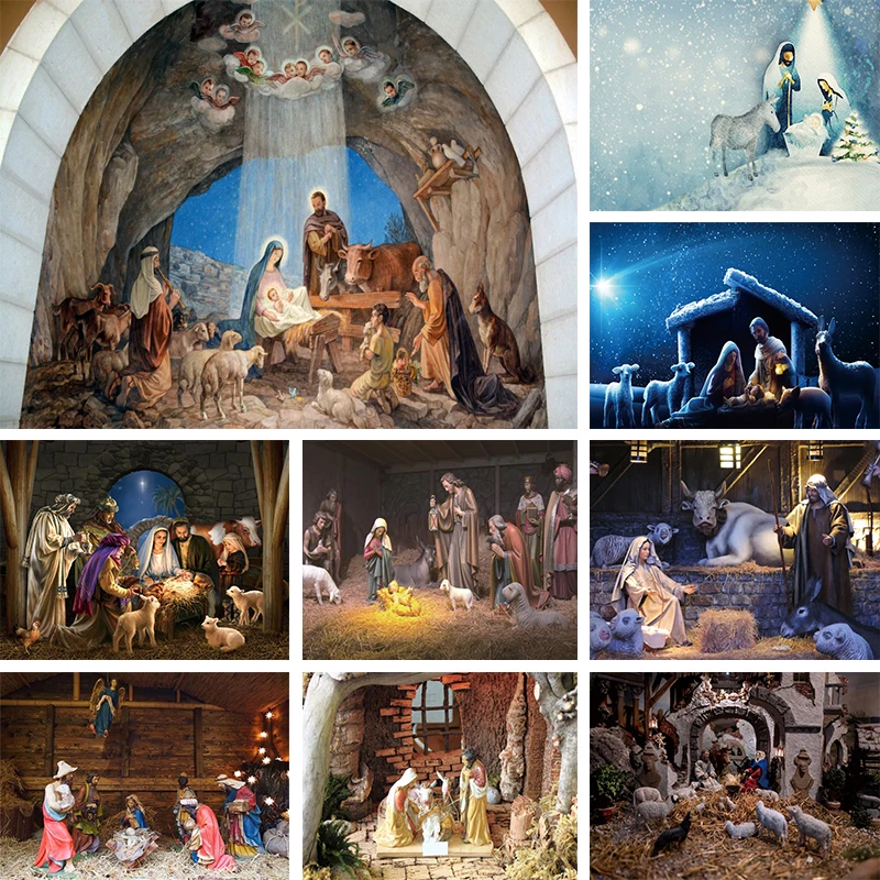 

Christmas Nativity Scene Background Birth of Holy Baby Jesus Photo Backdrop Christianity Newborn Party Winter Snow Scenery Decor