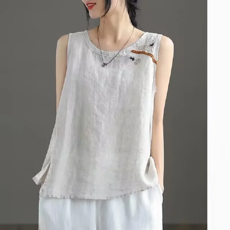 Womens Cotton Linen Vest Embroidery Top