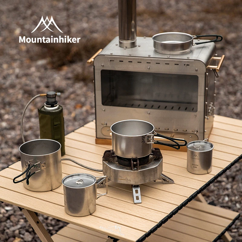 MOUNTAINHIKER 5PCS Camping Cookware 304 Stainless Steel Portable Outdoor Tableware Cookset Cooking Kit Pan Pot Hiking BBQ Picnic