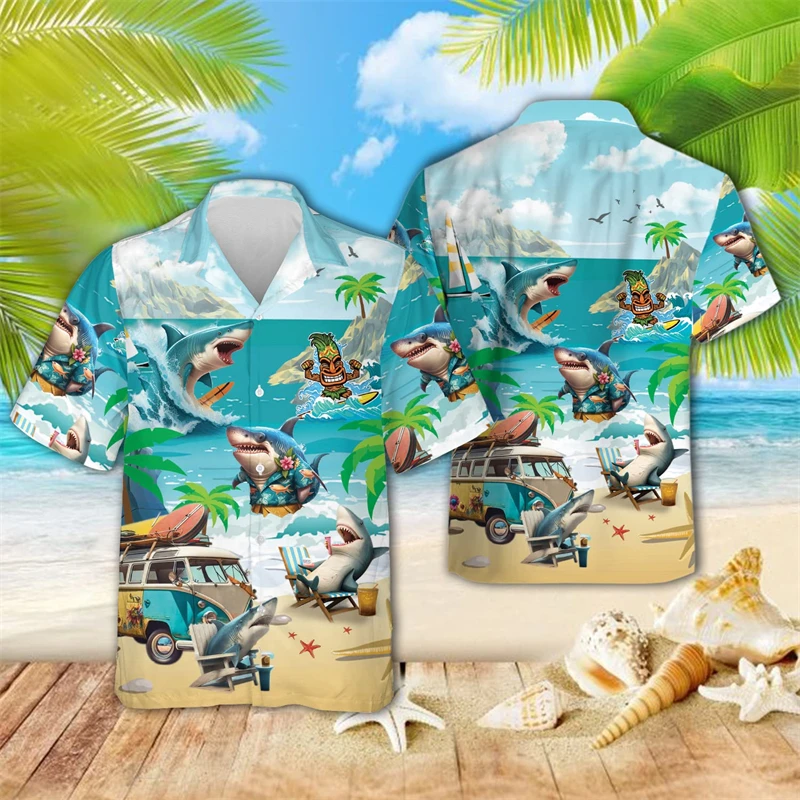 Hip Hop Hawaiian Shark Shirts For Men Clothes Funny Animal Graphic Beach Shirt Aloha Surfing Lapel Blouse Vacation Short Sleeve