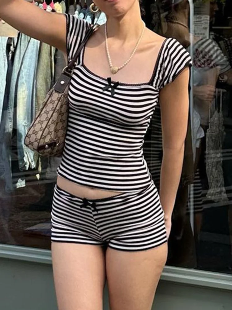 Absobe Stripe Contrasting Shorts Sets For Women 2 Pieces Square Neck Spliced Bow Tank Top Casual Y2K Slim Outfit Streetwear