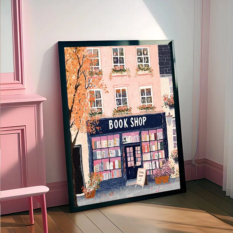Autumn Wall Art Decor, Coffee Poster, Pink Wall Art, Autumn Bookshop, Fall Decor City Poster, Cottage Core, Pumpkin Wall Art