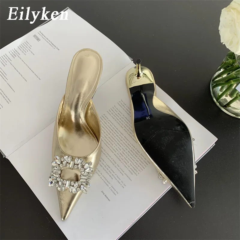 Eilyken 2025 Spring Gold Silver Fashion Women Slipper Crystal Buckle Pointed Toe Slip On Ladies Mules Thin High Heel Pumps