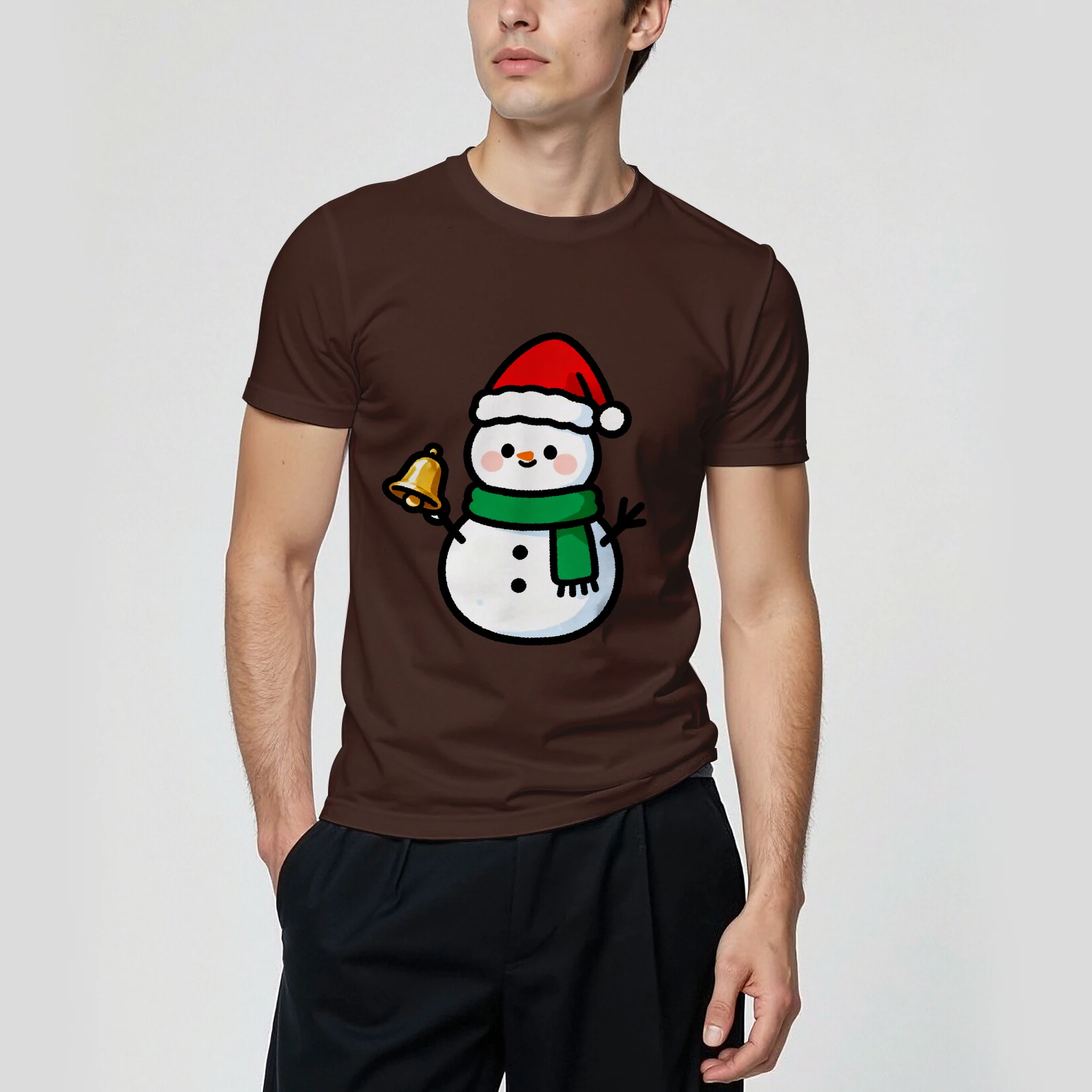 Men's summer short-sleeved T-shirt with snowman pattern design, fashionable and simple, casual and everyday wear