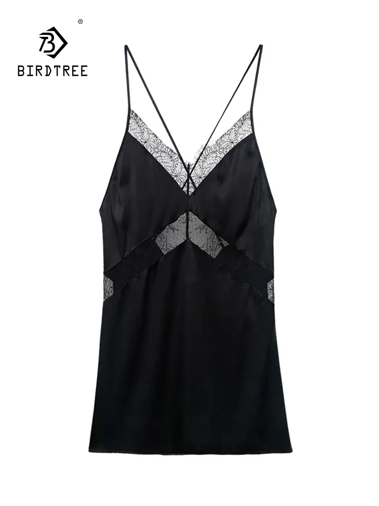 BirdTree, 93%Real Silk Pajama Dress, Women Spaghetti Strap Lace, Deep V Sexy Flirt Backless Nightgown, 2024 Summer New P43019QC