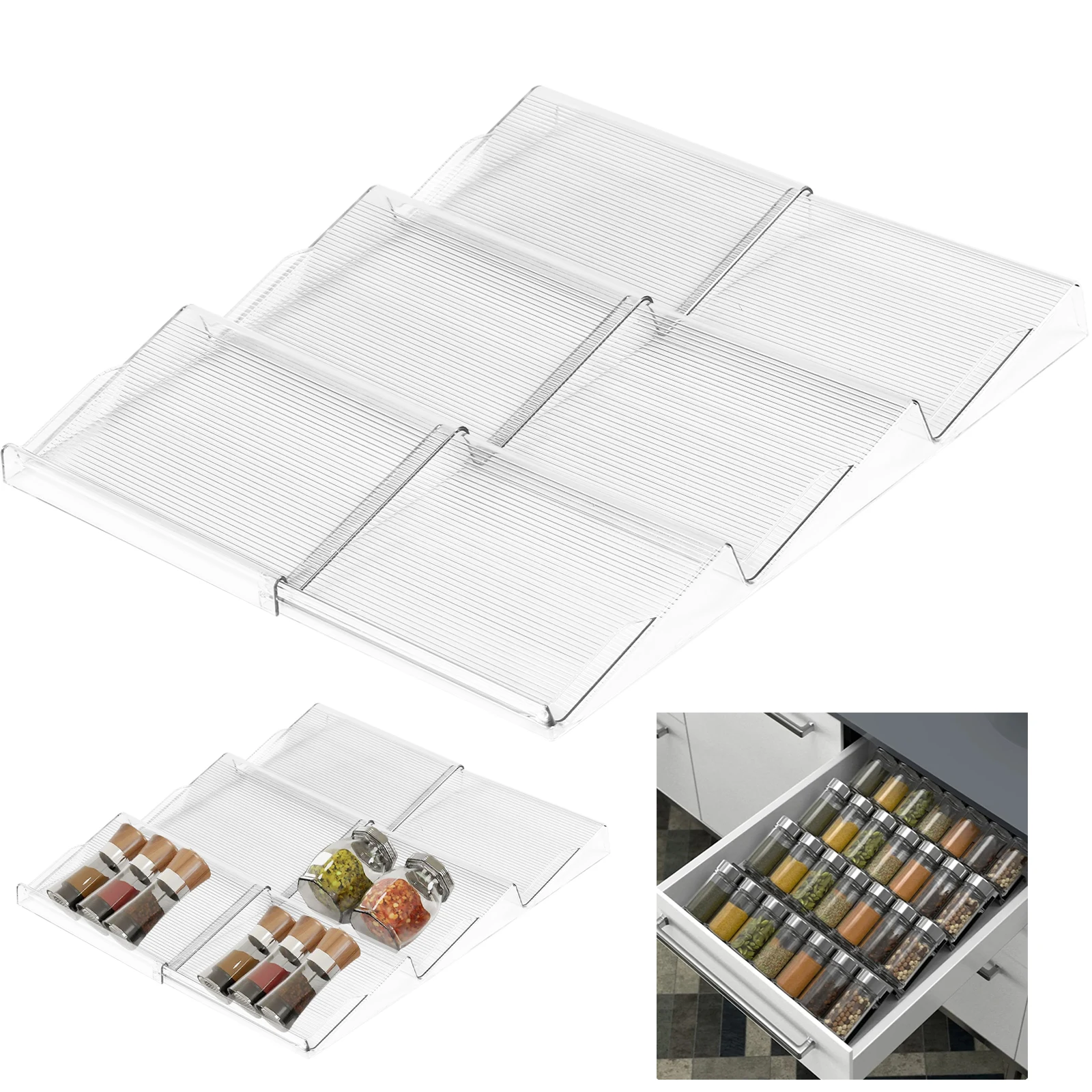 3 Layer Spice Drawer Organizer Expandable Spice Jar Rack Tray Plastic Seasoning Organizer Cabinet Kitchen Shelves for Countertop