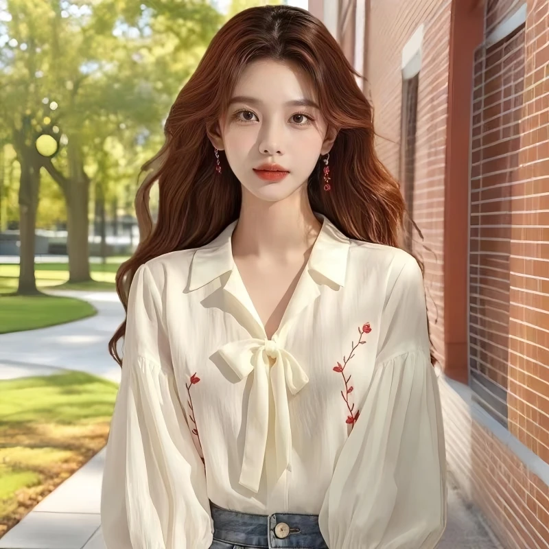 

Chiffon Women's Blouses Printed Korean Shirts Fashion Loose Spring/summer Bow Vintage Clothing Long Sleeve Women Tops
