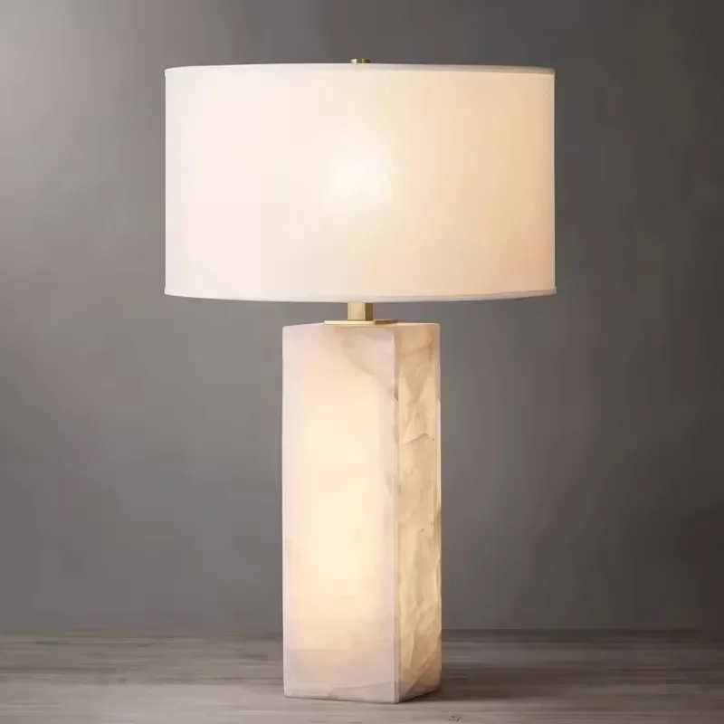 Modern Luxury Alabaster Base Marble Lamp Hotel Project Customized Villa Living Room Bedroom Bedside Copper Fabric Table Lighting