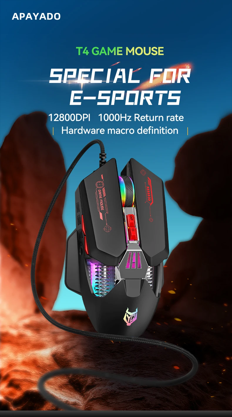 

T4 Gaming Mouse APAYADO with 6-level DPI Adjustment Up to 12800DPI,Ergonomic Design and RGB Colorful Lighting Effect