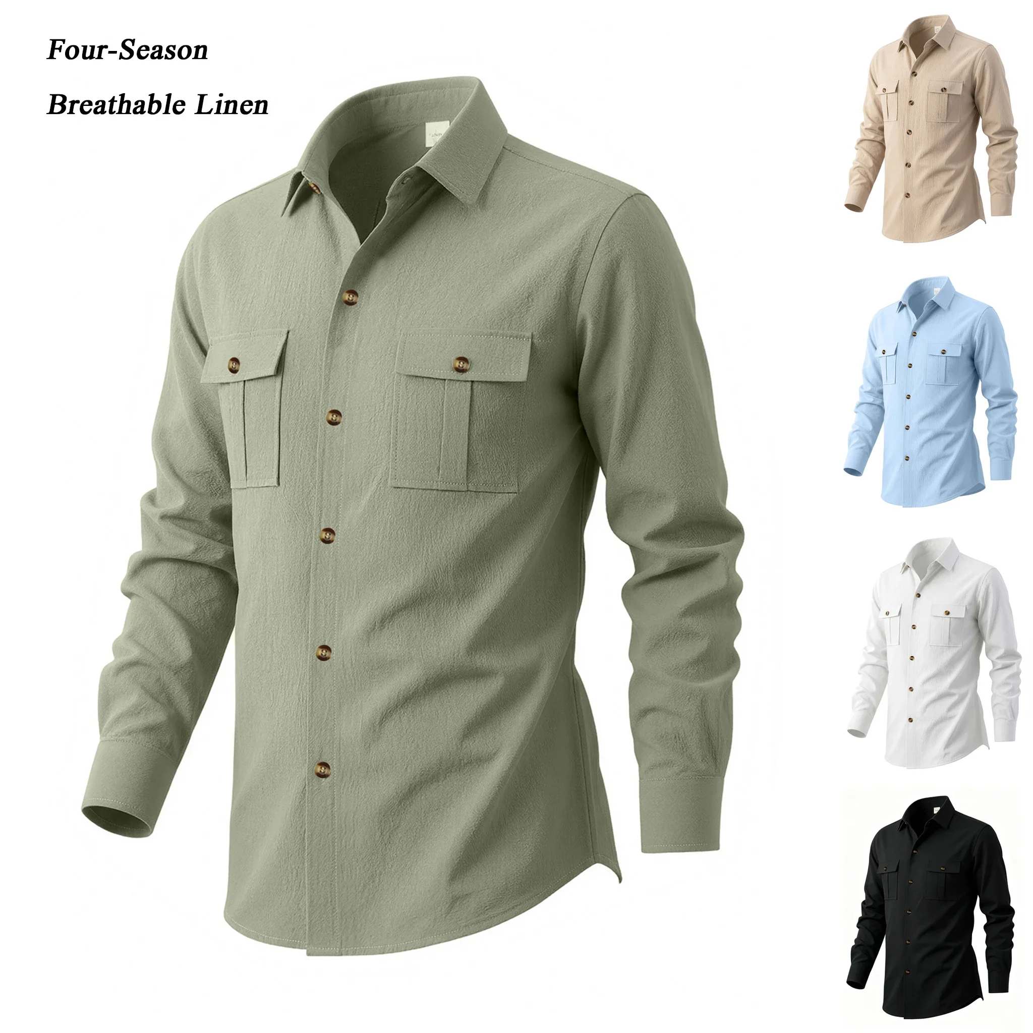 Herren-Herbst-Leinenhemd mit langen Ärmeln, Arbeitskleidung im lässigen Cardigan-Stil, mit umgeschlagenem Kragen und doppelten Taschen für Männer.