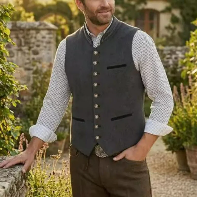 KIDWHXR Man Suit Vest Autumn Stand Collar Single-breasted Male Waistcoat Vintage Slim Sleeveless Wedding Casual Men Vest