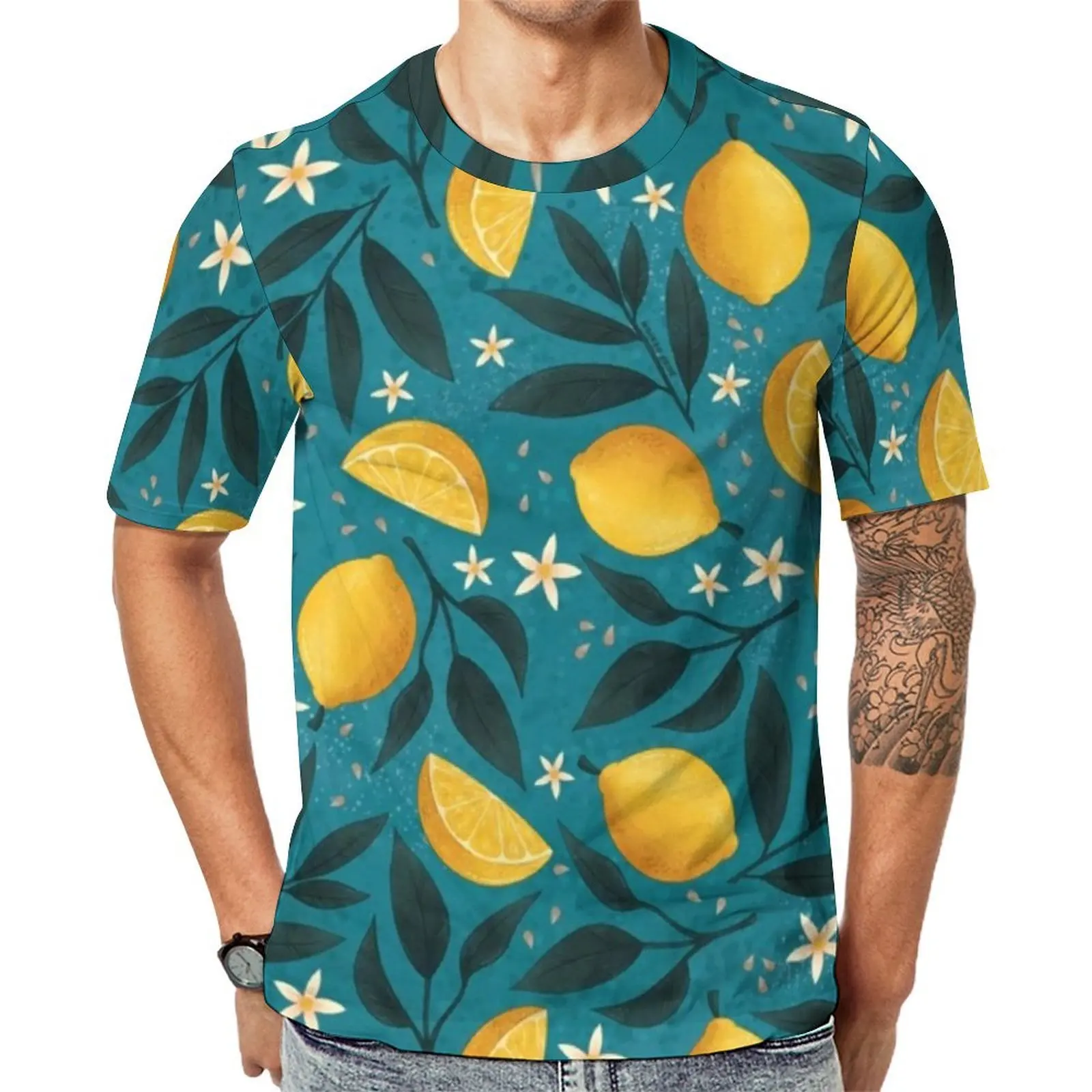 Men Yellow Lemon T-Shirt Leaf Floral Print Hippie T Shirts Short Sleeves Graphic Tops Hot Sale Beach Casual Plus Size Top Tees