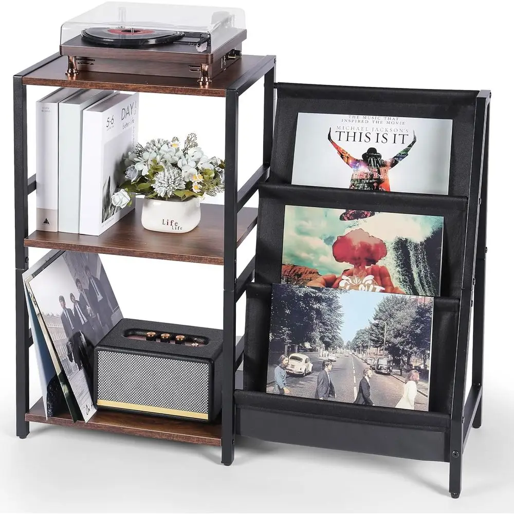 Mueble para Tocadiscos con Almacenamiento de Vinilos de 3 Niveles, Soporte para Tocadiscos con Capacidad para hasta 200 Discos, Me