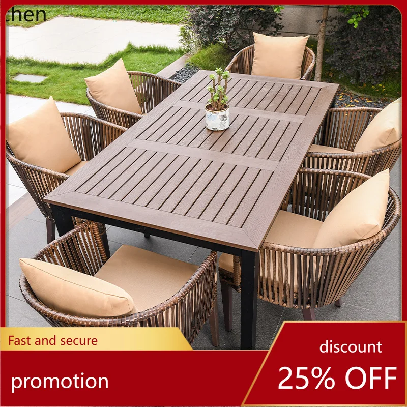 

HT outdoor courtyard villa garden woven rattan chair leisure terrace preservative plastic wood outdoor table and chairs