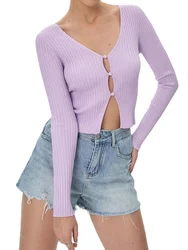 Women Rib Knitted Sweaters Long Sleeve Single Breasted Stretchable Slim Crop Pullovers