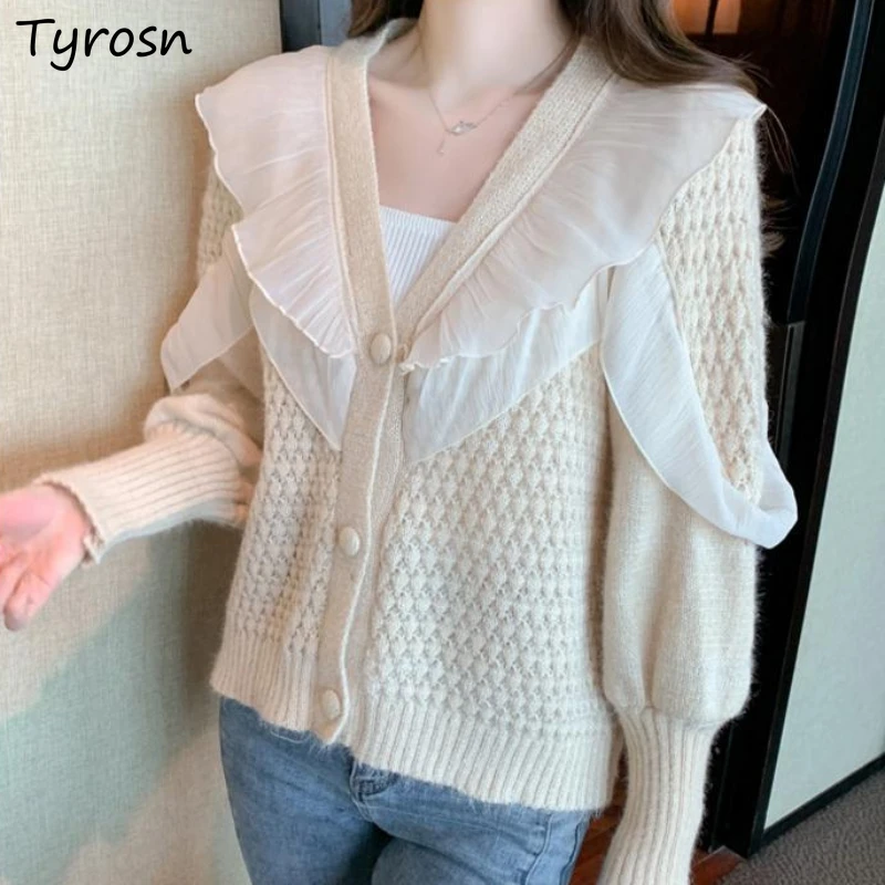 

Patchwork Cardigan for Women Voile Ruffles Fashion Sweet All-match Thicker Simple Leisure Female Korean Style Knitted Sweaters