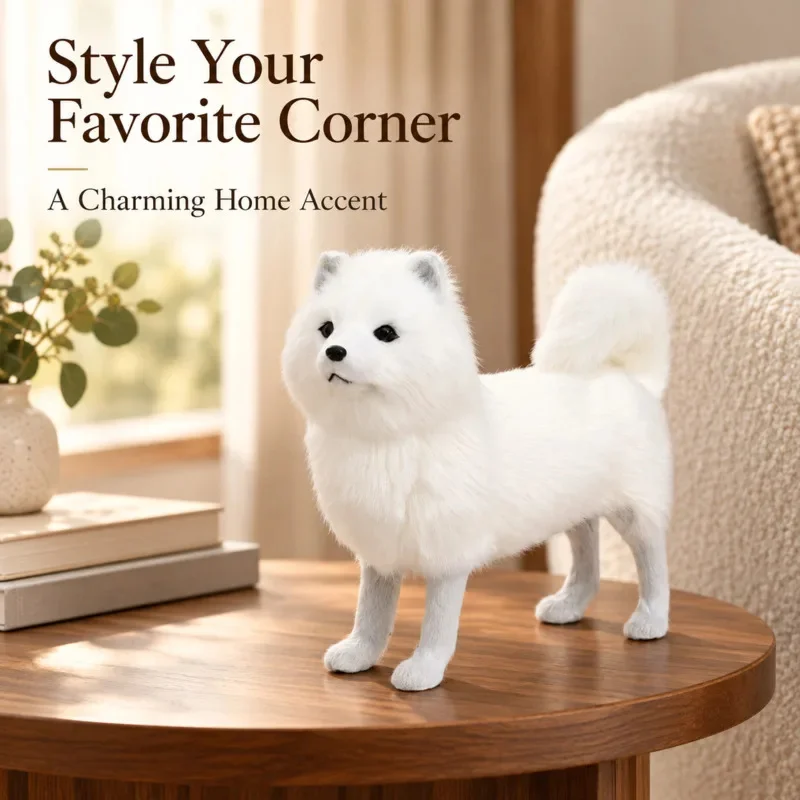 Large White Samoyed Plush Dog Stuffed Animal Realistic Faux Fur Puppy Ornament Soft Simulation Pet Model Home Decor Gift Toy