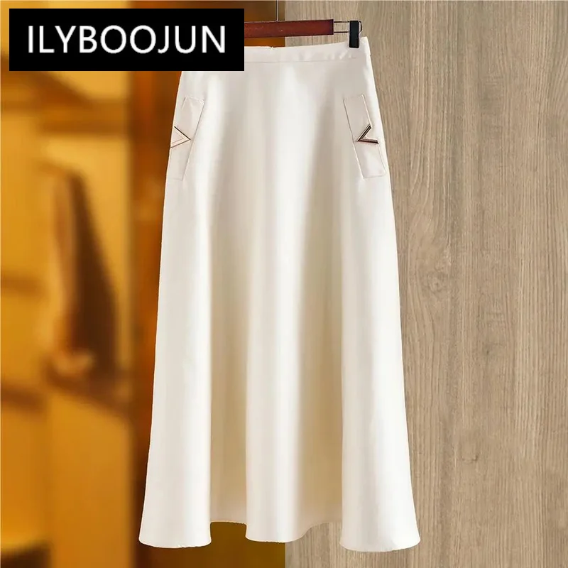 

Vintage Elegant Style Lady Solid A-line High Waist Office Casual Wear Women Midi Skirt