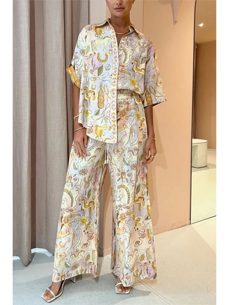 

Fashion Lapel Short-sleeved Single-breasted Shirt Top + Wide-leg Pants 2-piece Set Women High Street Loose Casual Suit Female