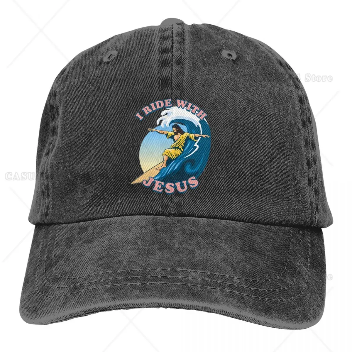 

I Ride with Surfing Baseball Caps Denim Cap Jesus Sun Shade Hats for Men Women One Size Trucker Hat