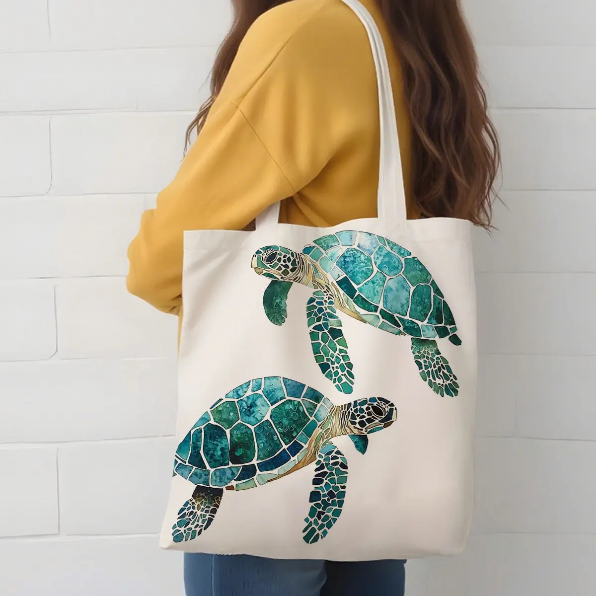 1pc Watercolor Sea Turtle Print Tote Bag, Reusable Shopping Bag, Suitable for Daily Use, Shopping, School, Travel,