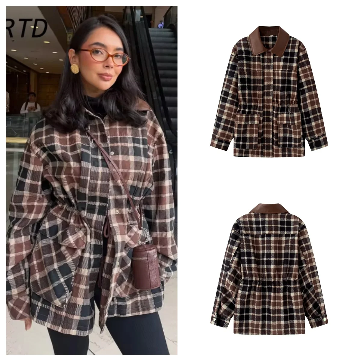 Guobioziy Women's Jacket 2026 Autumn New Brown Plaid Long-Sleeve Waist-Cinching Coat Jacket Trench Parka Casual Trendy Style