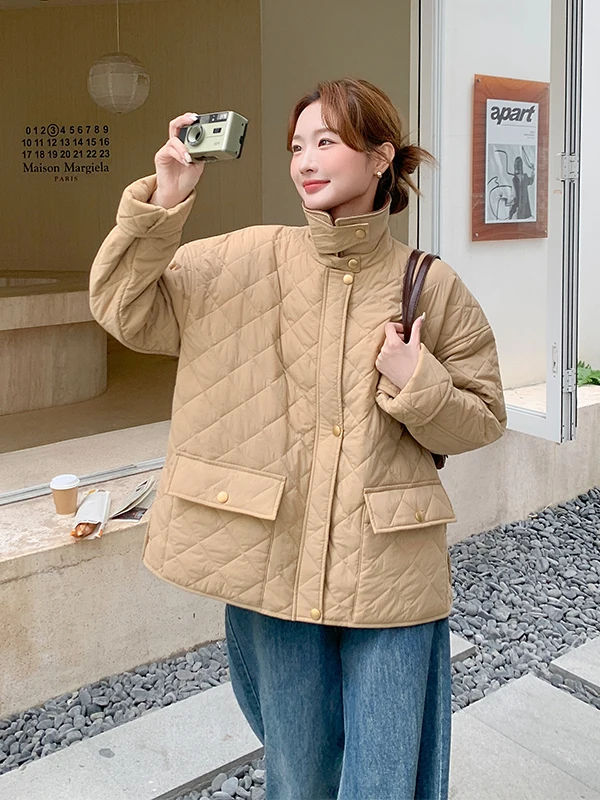 

Khaki Color Diamond Pattern Cotton Jacket Women's Short Thickened Winter Casual Cotton Coat Warmth Inner Cotton Insertion