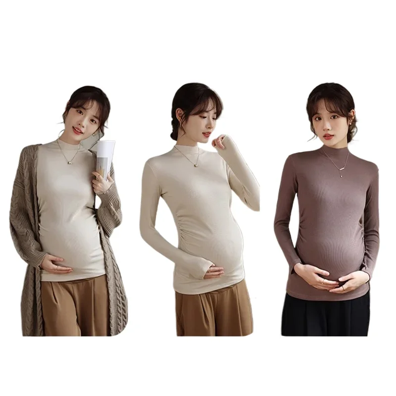 Women Maternity Modal Long Sleeve Shirts Fleece Lined Basic Layering Slim Fit Pregnancy Thermal Underwear Tops Autumn Winter