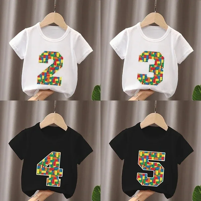 

Summer Cotton Children T-Shirt Building Blocks Bricks Print Number Cartoon Kid 2-9Y Birthday Funny Baby Tee Top Boy Girl Clothes