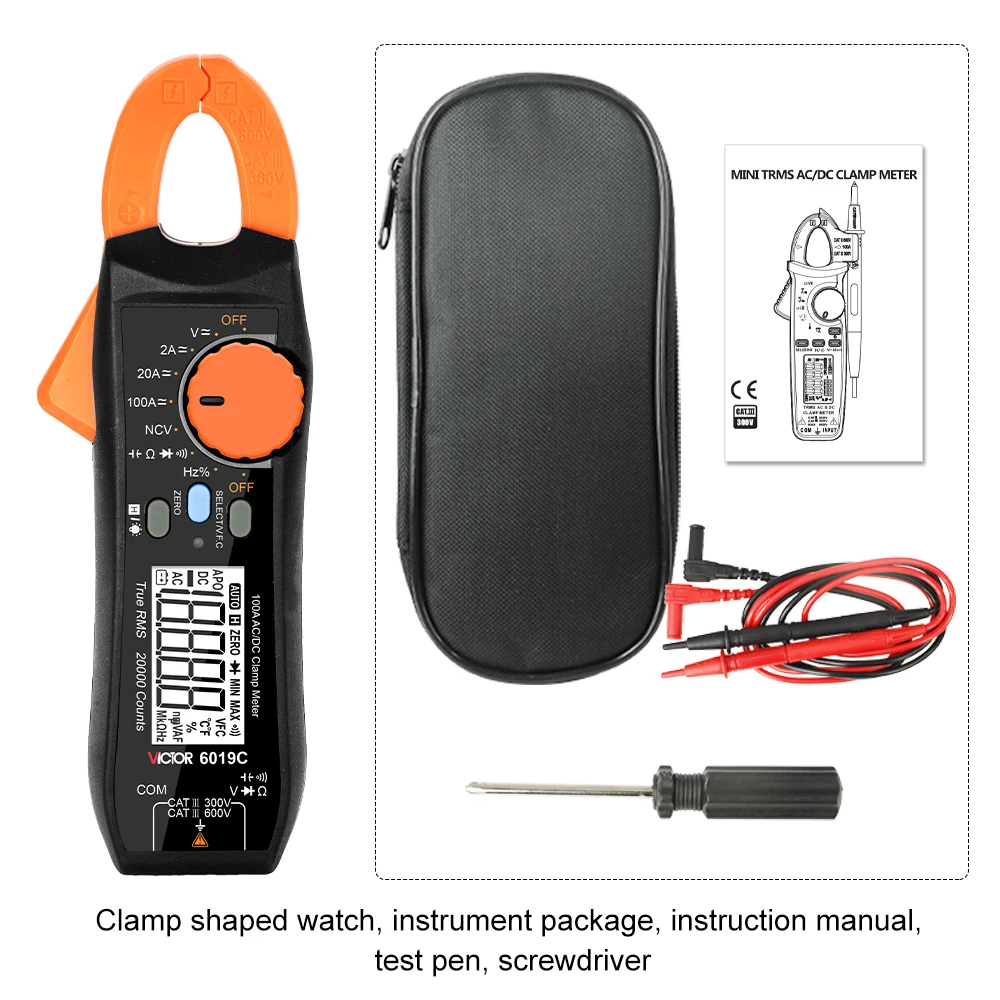 VICTOR Digital Clamp Meter DC/AC Current 100A 1mA Resolution 19999Cts Ammeter Voltage Resistance Hz V-Alert Continuity Tester