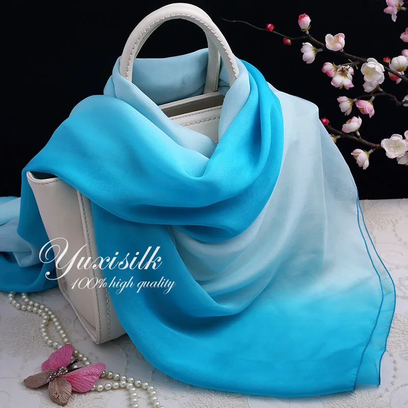 

High Quality Blue Gradient Color Silk Long Scarf Women's Shawl Spring, Autumn, Winter and Summer All-Matching