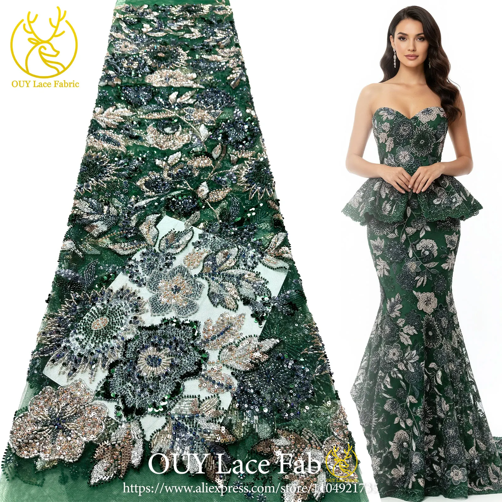 

African Heavy Beaded Mesh Lace Fabric 2026 Premium Nigerian Sequined Lace Fabric Women's Wedding Gown and Evening Dress Material