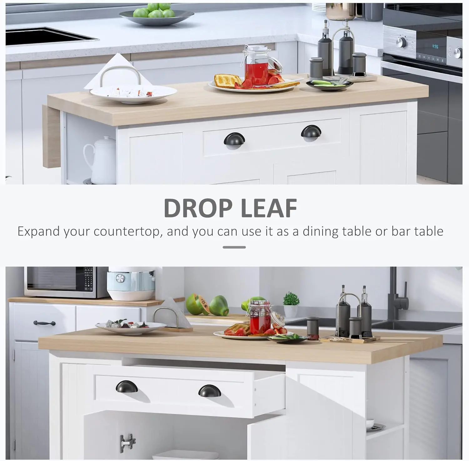 HOMCOM Isla de cocina de madera estilo estriado de 47", gabinete de almacenamiento para encimera de cocina con hoja abatible, cajón, estantes abiertos, almacenamiento,