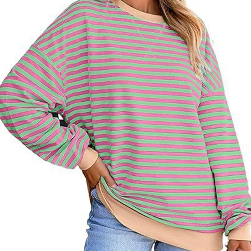 

Women's Striped Pullover Tops Spring Fall Clothes 2025 Long Sleeve Shirts Trendy Crew Neck Loose Y2K Sweatshirts