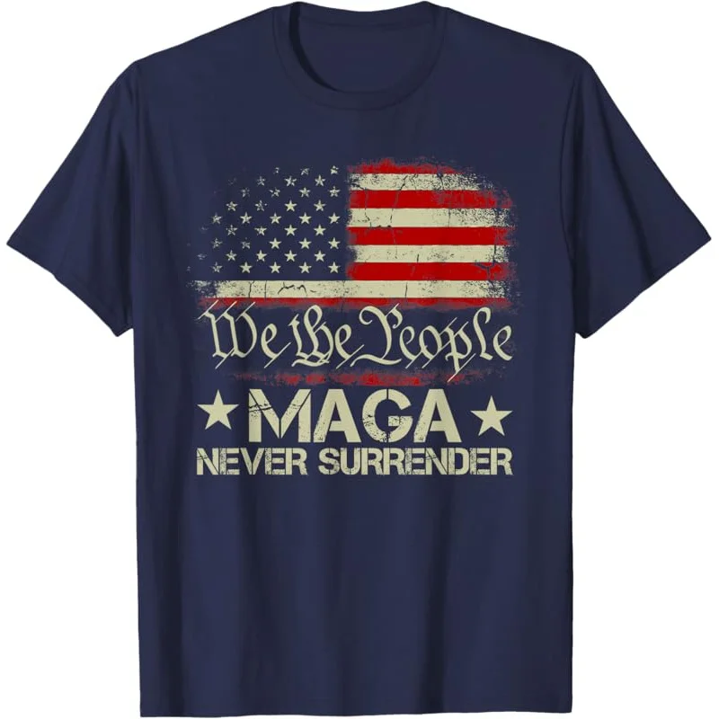 Trump 2024 MAGA Never Surrender US American Flag Men Women T-Shirt