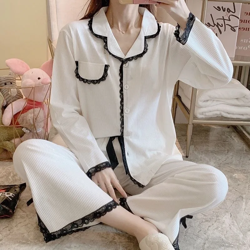 2024 New Pajama Women's Spring Autumn Pure Cotton Loungewear Long Sleeved Sleepwear Cardigan Sweet V-neck Loose Homewear Set